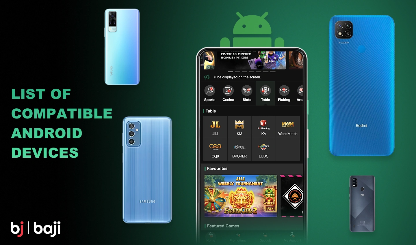 Baji موبائل ایپ اینڈرائیڈ ڈیوائسز کی ایک بڑی فہرست کے ساتھ مطابقت رکھتی ہے۔