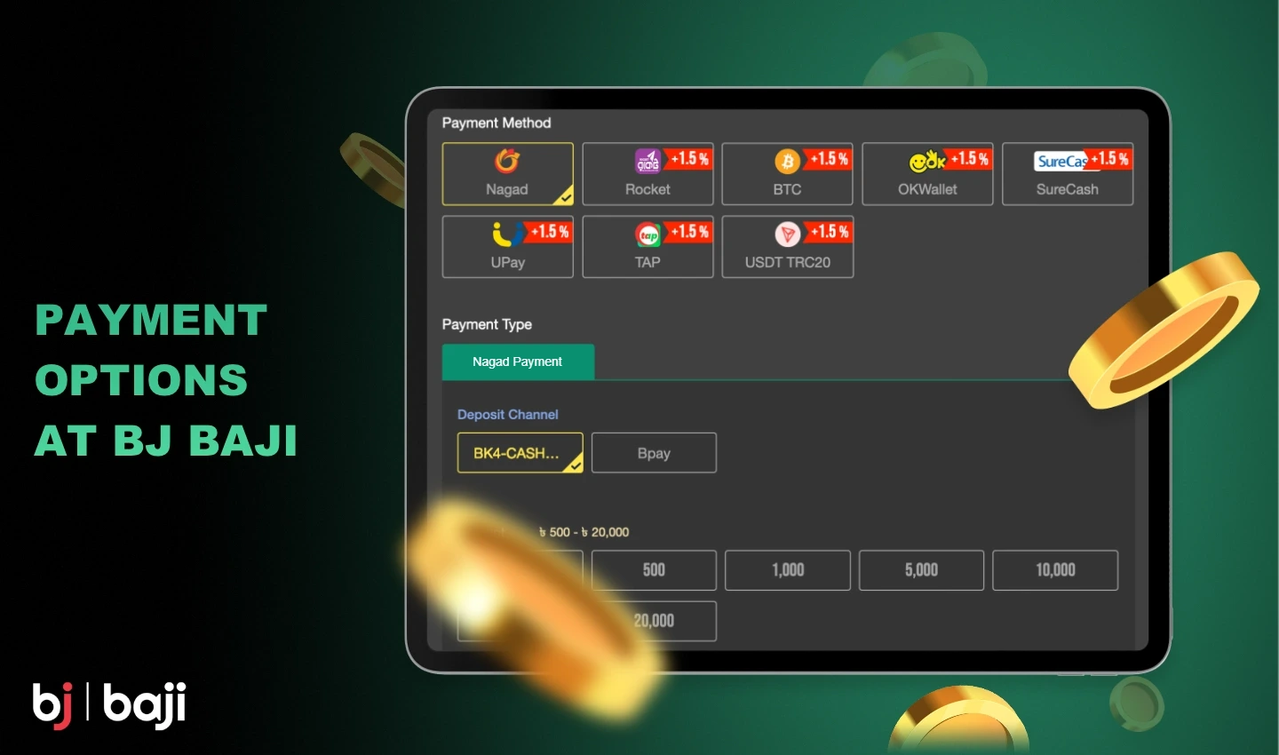 ব্যবহারকারীদের সুবিধার জন্য, Baji-এ বিভিন্ন অর্থপ্রদানের বিকল্প রয়েছে যা জমা এবং উত্তোলন উভয়ের জন্যই ব্যবহার করা যেতে পারে